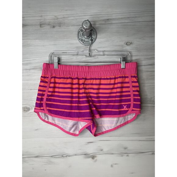 Hurley Shorts Womens Medium Pink Purple Stripe Running Mesh Lined Elastic Waist - Picture 1 of 9